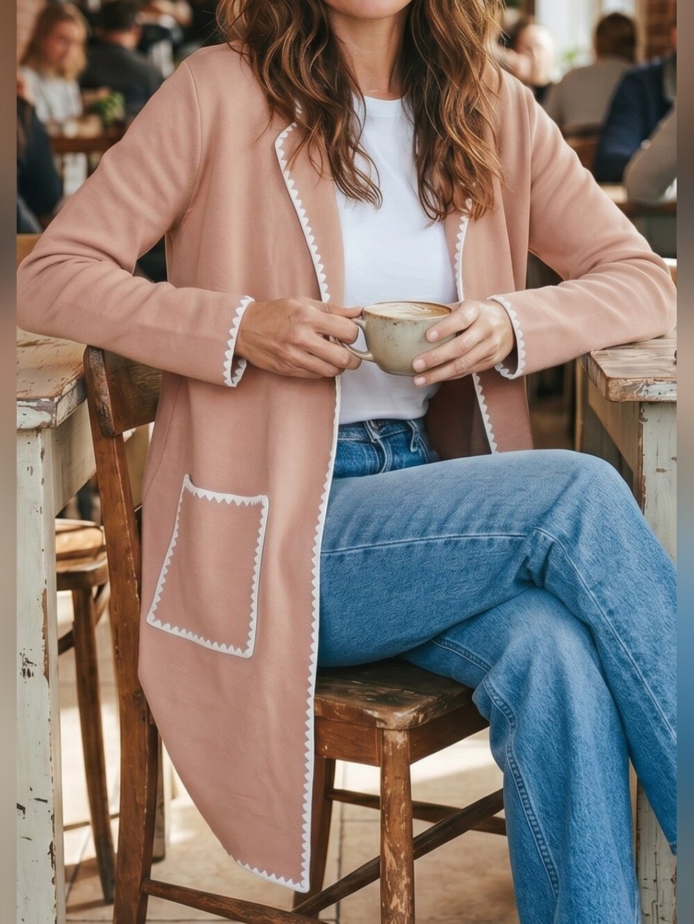 Zesica Long Cardigan Sweater Jacket M Camel Beige Stitch Trim Lightweight Travel - Picture 7 of 12